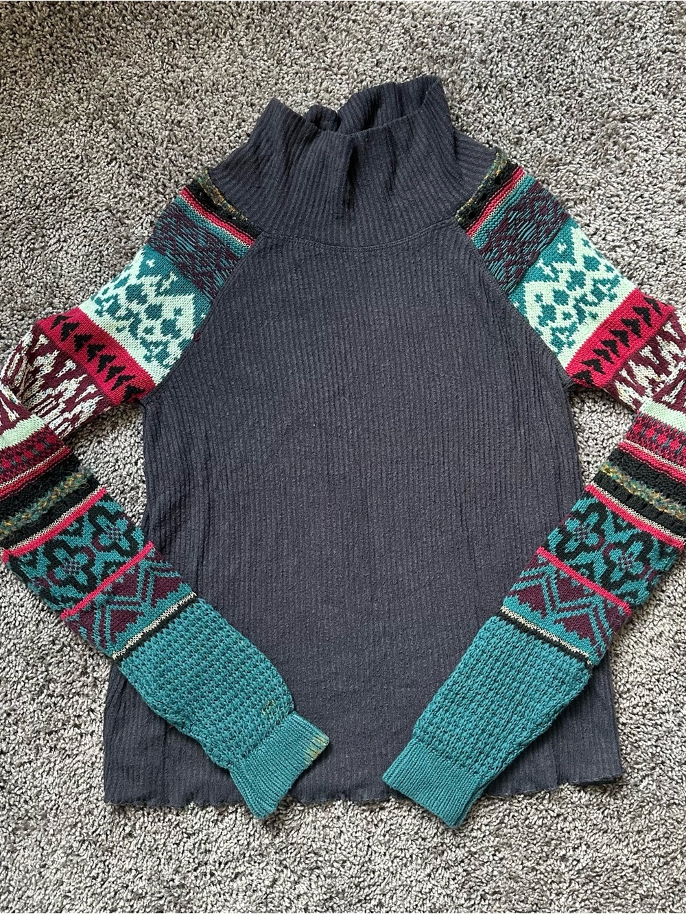 Free People Charcoal Turtleneck Sweater with Teal & Burgundy Patterned Sleeves